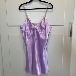 California Dynasty XL Lavender Purple Lace Trim Satin Lingerie Slip Vtg